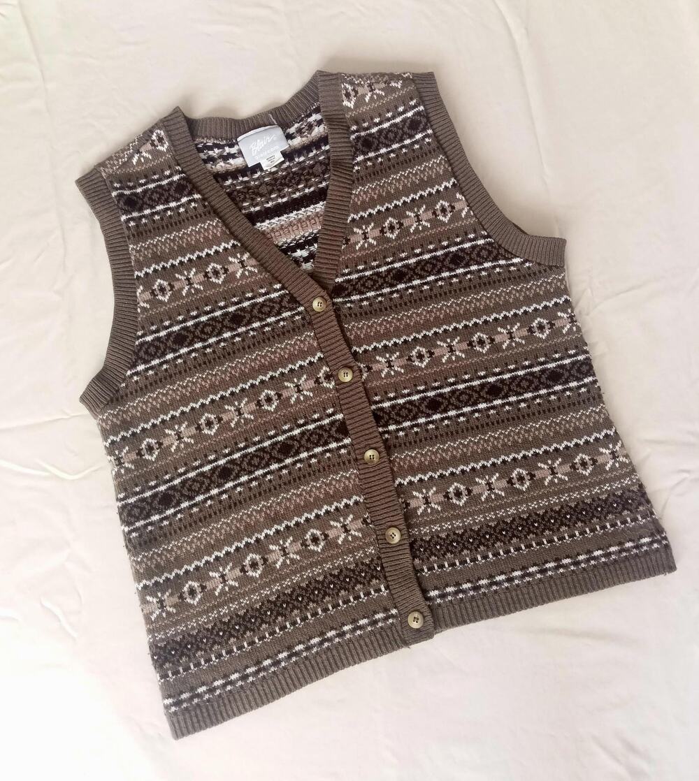 Vintage Women's Button-Up Sweater Vest, Brown Fair Isle